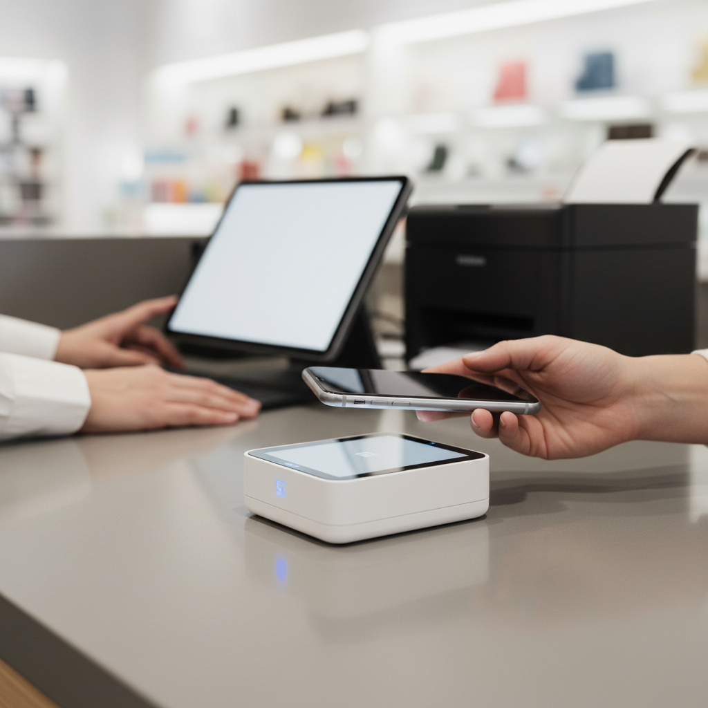 A customer's hand tapping a smartphone on a Square card reader at a checkout counter, illustrating efficient chargeback management solutions and modern payment processing.