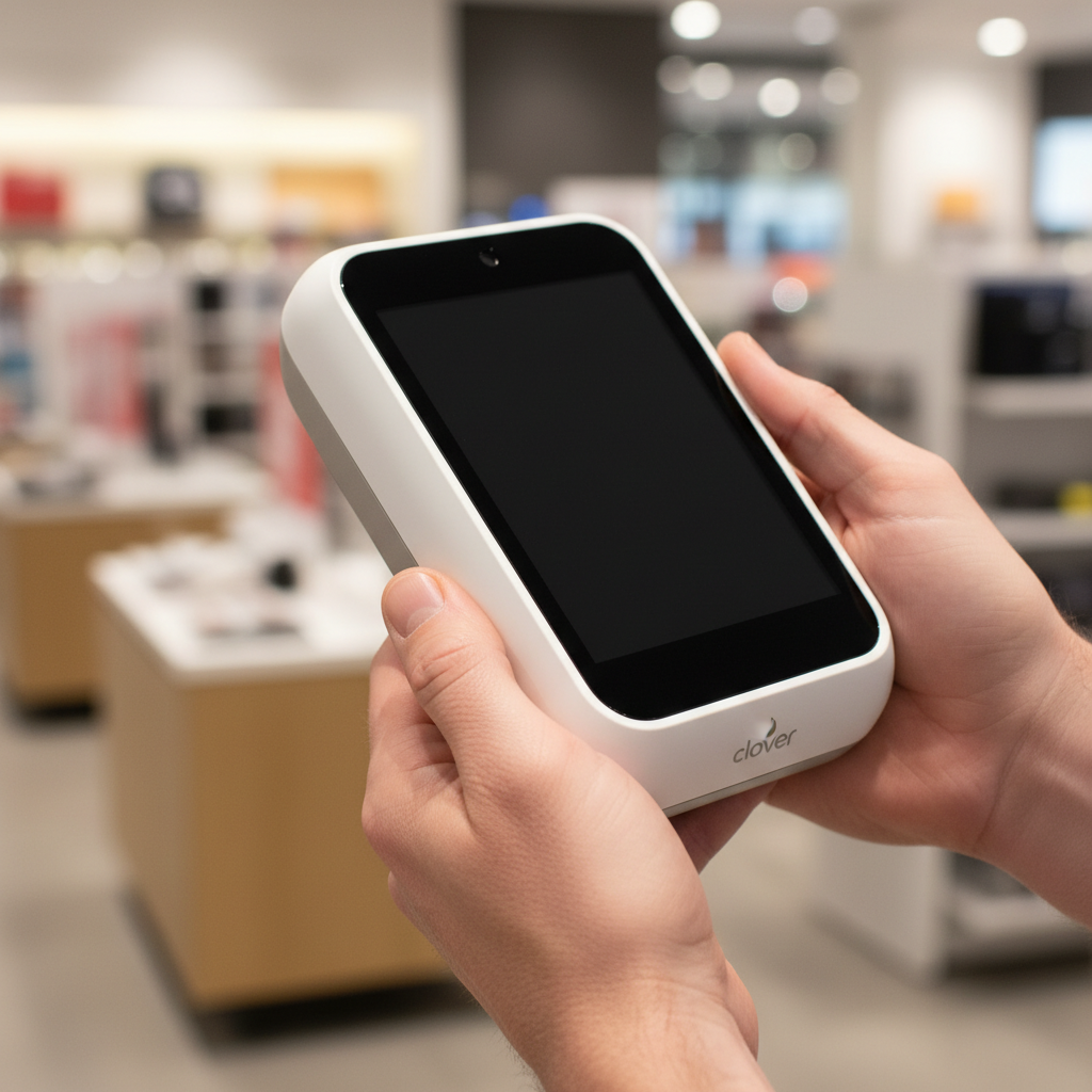 Close-up of a merchant's hands holding a Clover POS terminal, emphasizing the tools used for effective chargeback management solutions and secure transactions.