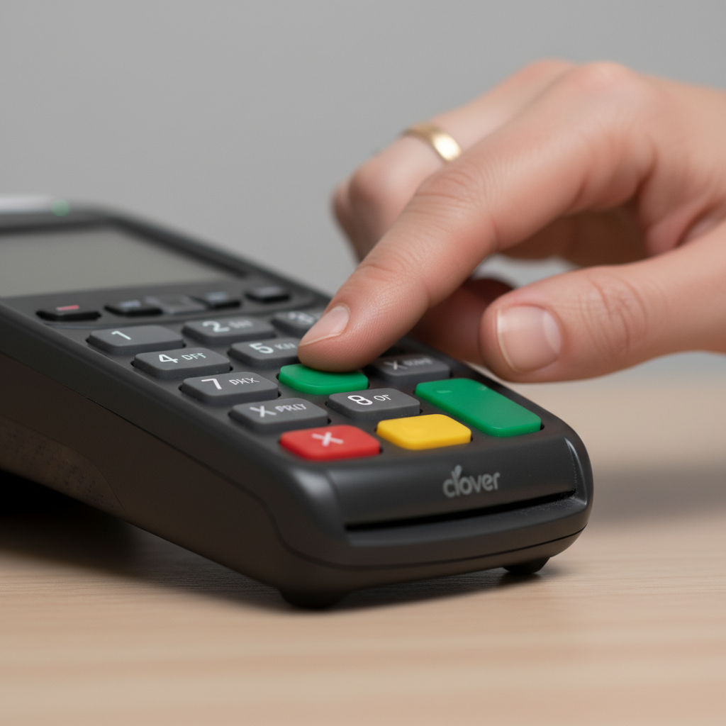 Close-up of a merchant handling a Clover POS terminal, representing different payment processing pricing models and their impact on the cost of payment processing solutions for sma