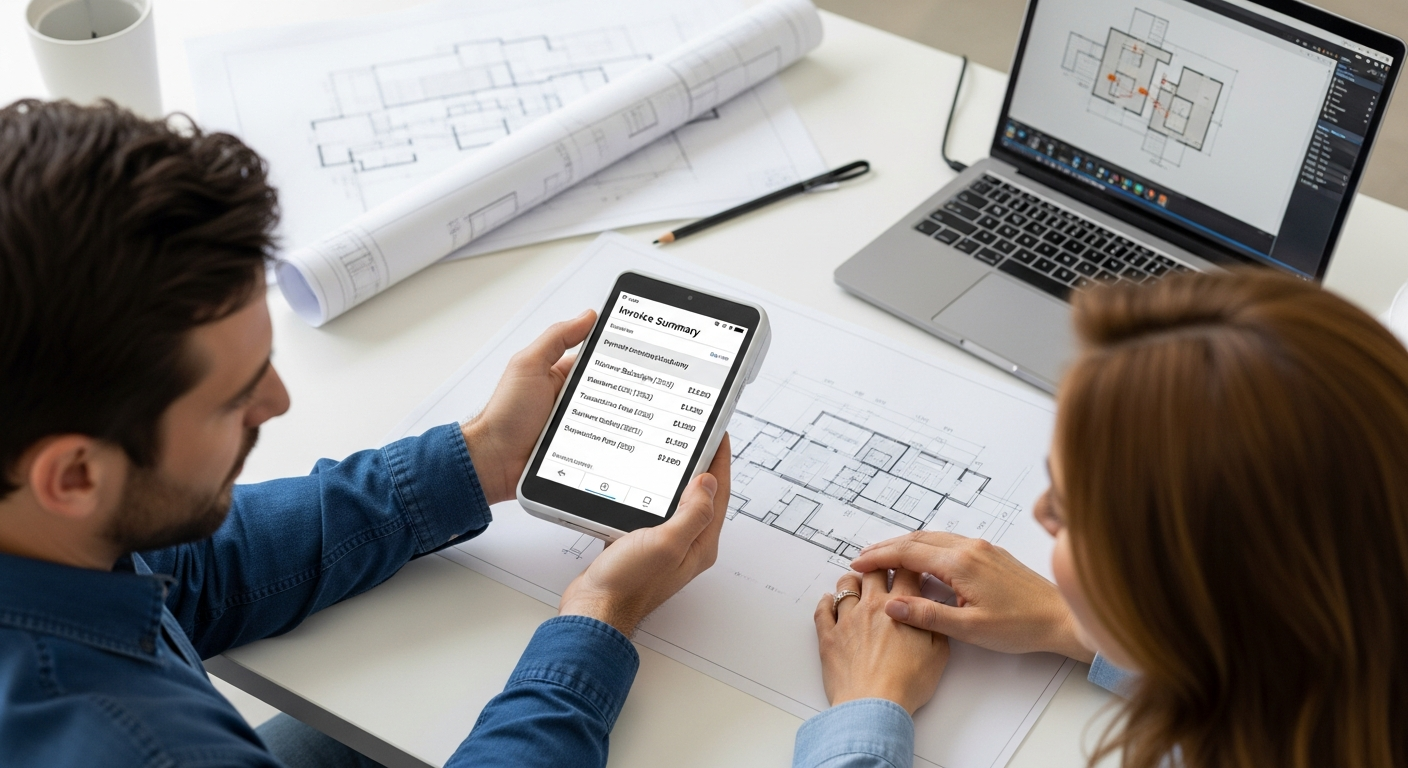 Architect using a Clover Flex terminal for client payment, showing cost of payment processing solutions for small professional services businesses 2025 2026