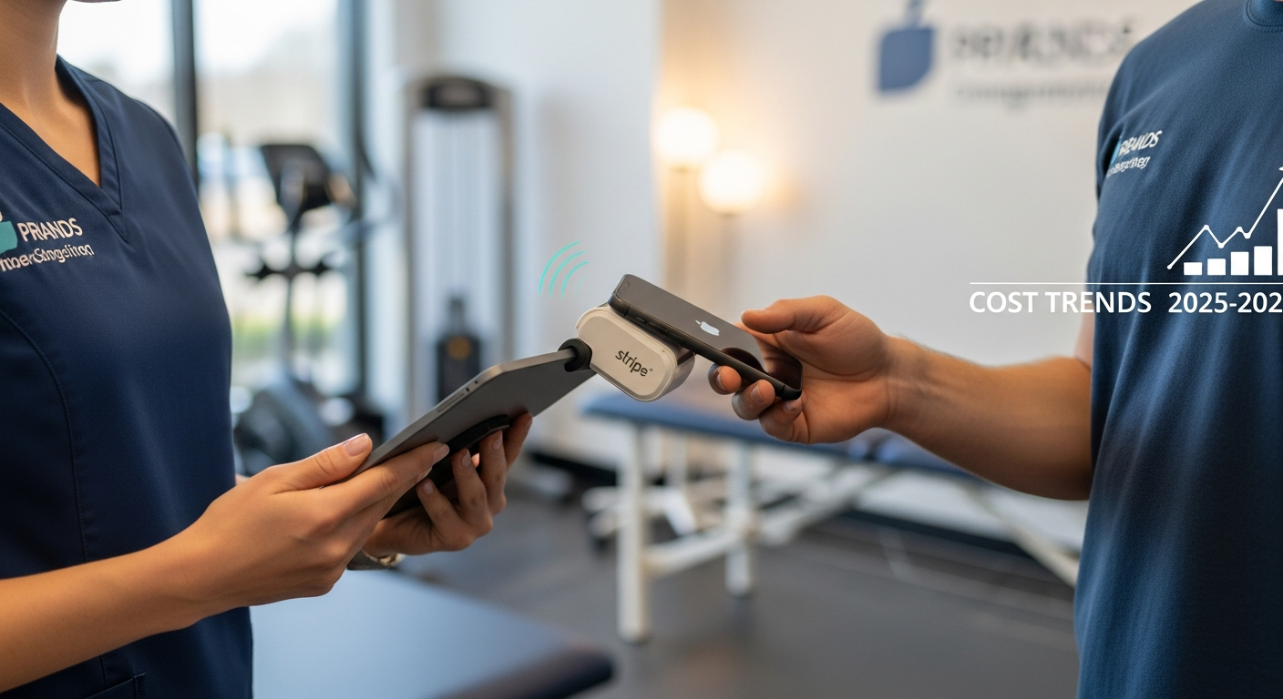 Physiotherapist accepting mobile payment with a Stripe Reader M2, illustrating cost of payment processing solutions for small professional services businesses 2025 2026