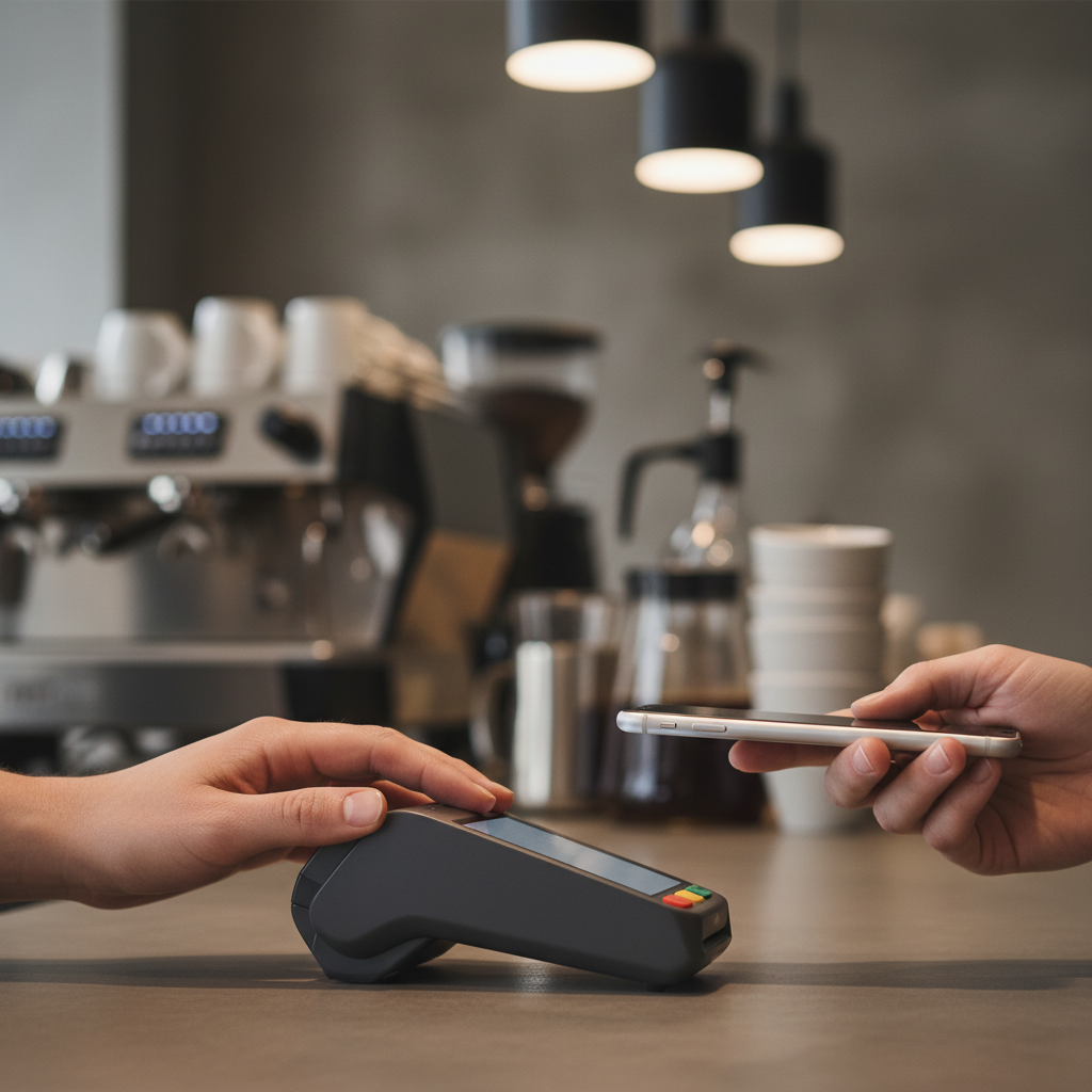 A merchant at a modern coffee shop counter, preparing to accept a contactless payment via a Square card reader, illustrating lowest transaction fees for merchants payment apps 2026