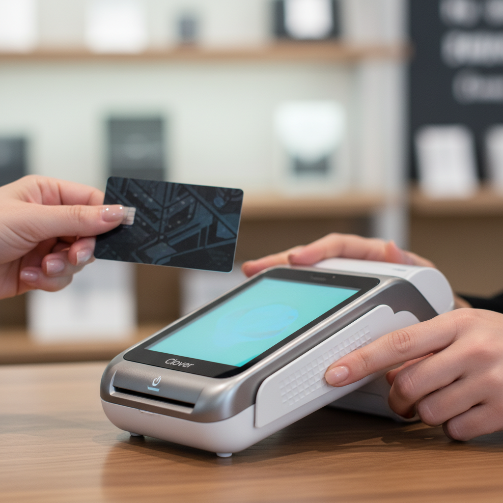 Close-up of a merchant using a Clover POS terminal to process a credit card payment, highlighting efficient merchant payment apps with lowest transaction fees for 2026.