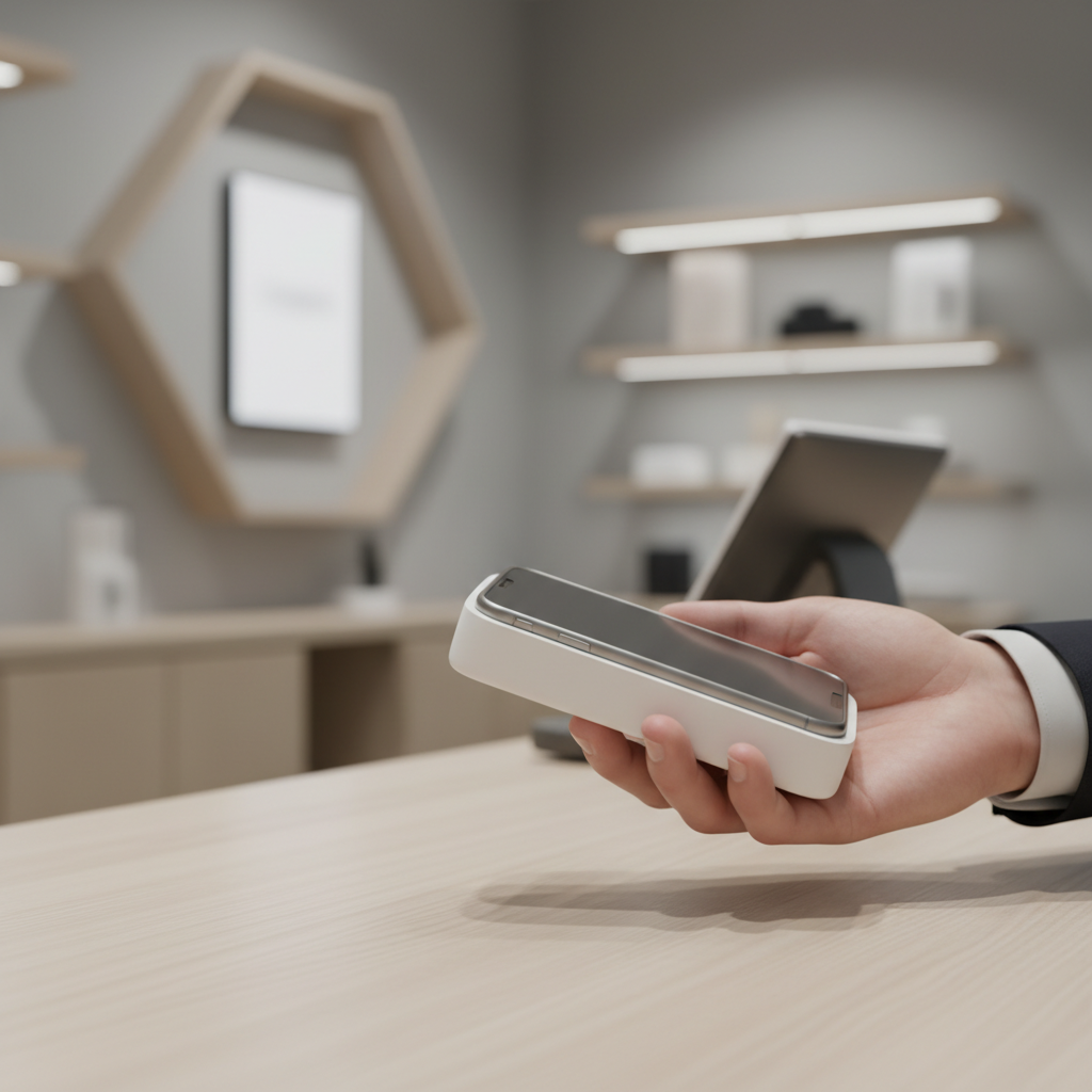 A customer taps a smartphone to a Square card reader at a modern retail checkout, illustrating efficient payment advisory solutions in action. The image highlights seamless merchan