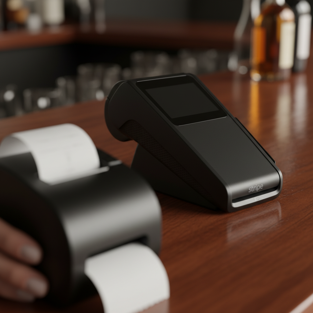 A close-up of a Stripe card reader on a dark counter, with a blurred receipt printer nearby, symbolizing optimized merchant operations through payment advisory solutions.