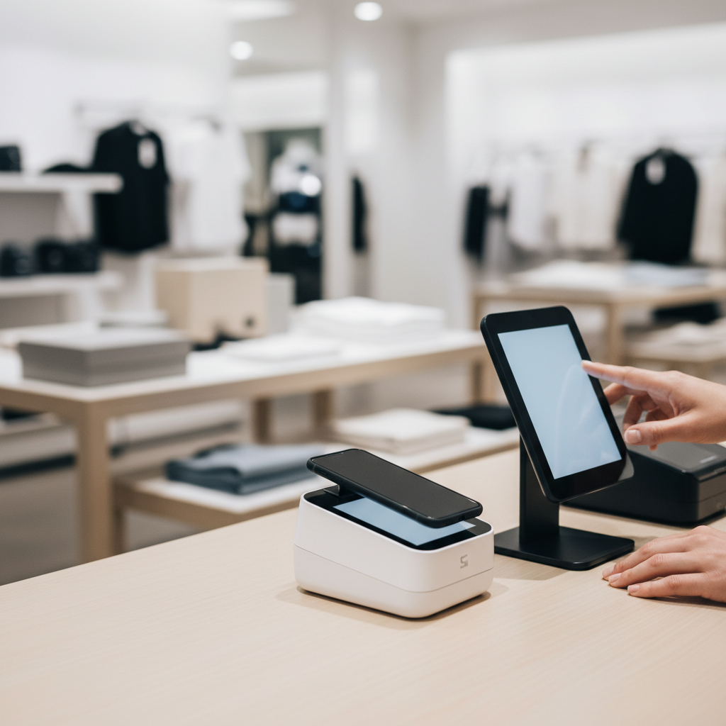 A customer taps a smartphone on a Square card reader at a modern checkout, illustrating payment gateway vs payment processor key differences explained 2026 pricing update. A mercha