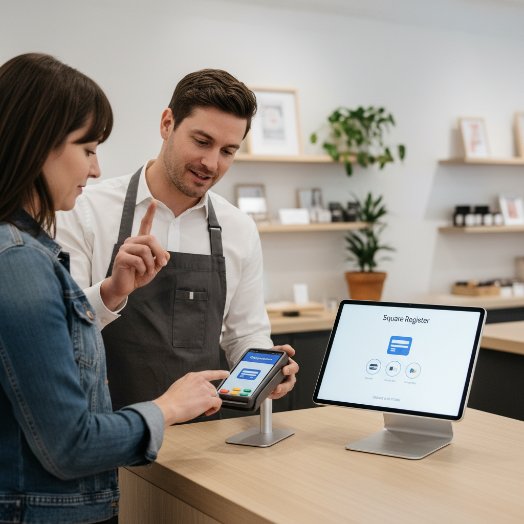A customer taps their phone on a Square payment terminal at a modern retail counter, demonstrating how customers should see the same payment options online and in-store for a seaml
