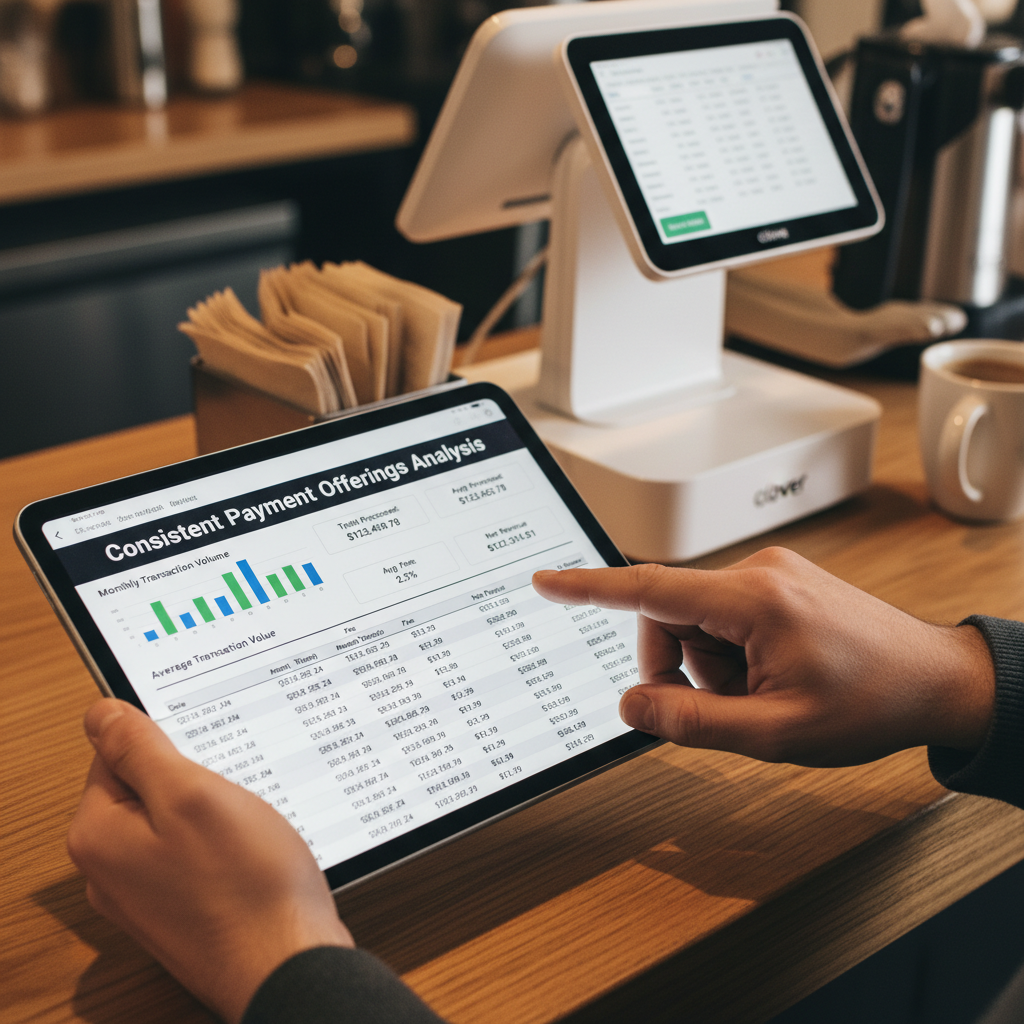 A merchant reviews a digital transaction statement on a tablet, illustrating the operational considerations for ensuring customers see the same payment options online and in-store.