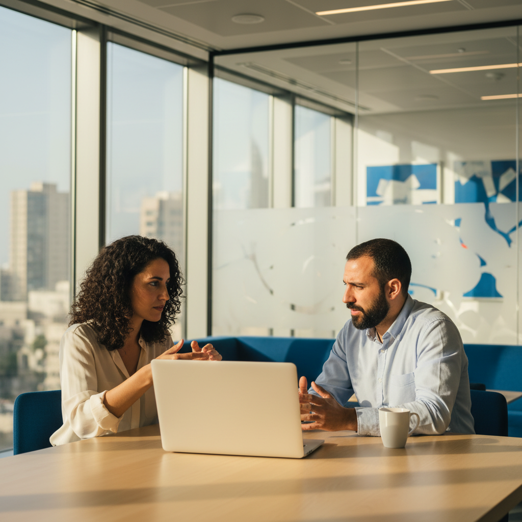 שני בעלי עסקים ישראלים דנים באסטרטגיית אוטומציה של תהליכי מכירה עם AI 2026 השוואה מקיפה במשרד מודרני בתל אביב, מוארים באור טבעי.