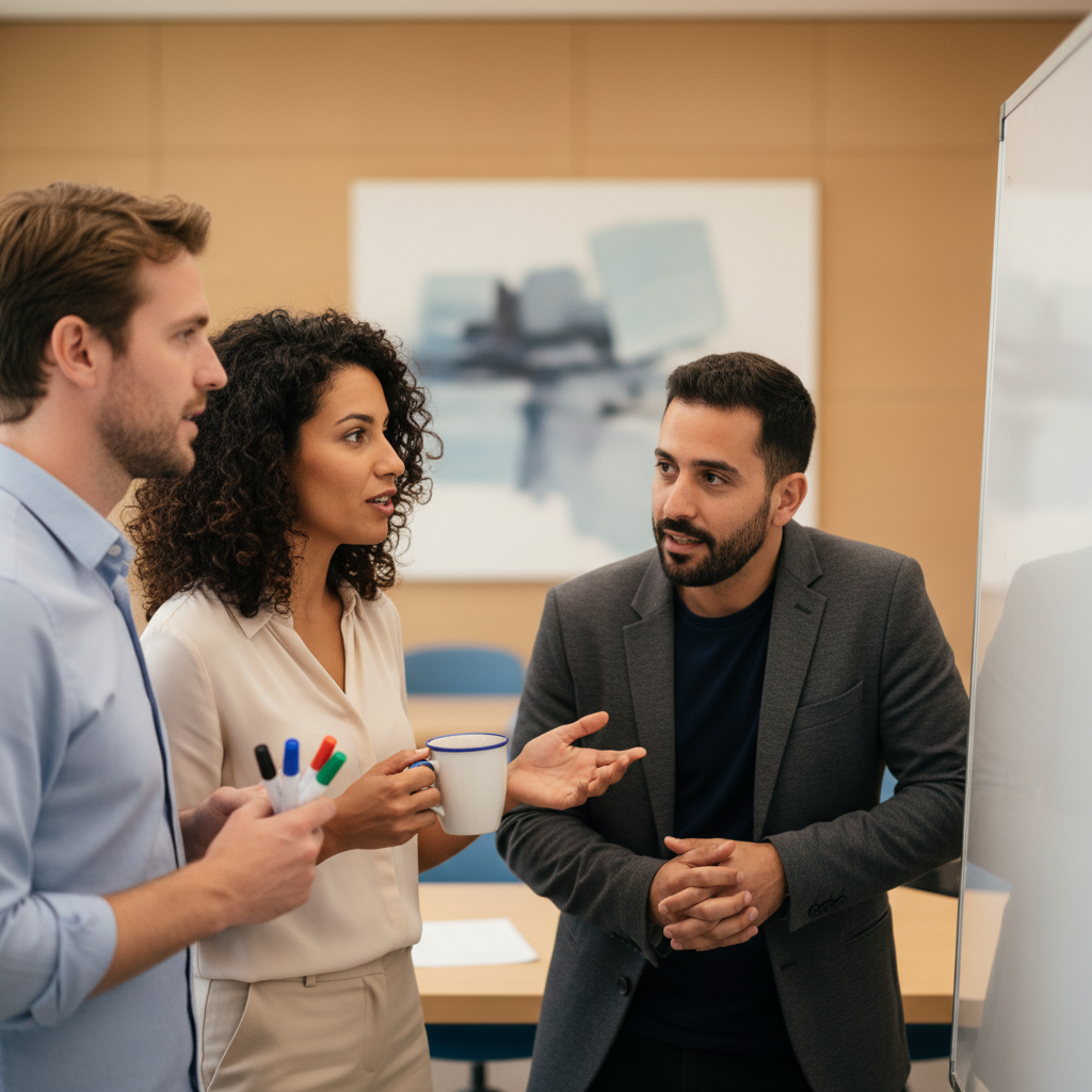 צוות ישראלי מגוון דן ביישום אוטומציה של תהליכי מכירה עם AI 2026 השוואה מקיפה, ליד לוח מחיק ריק במשרד מודרני.