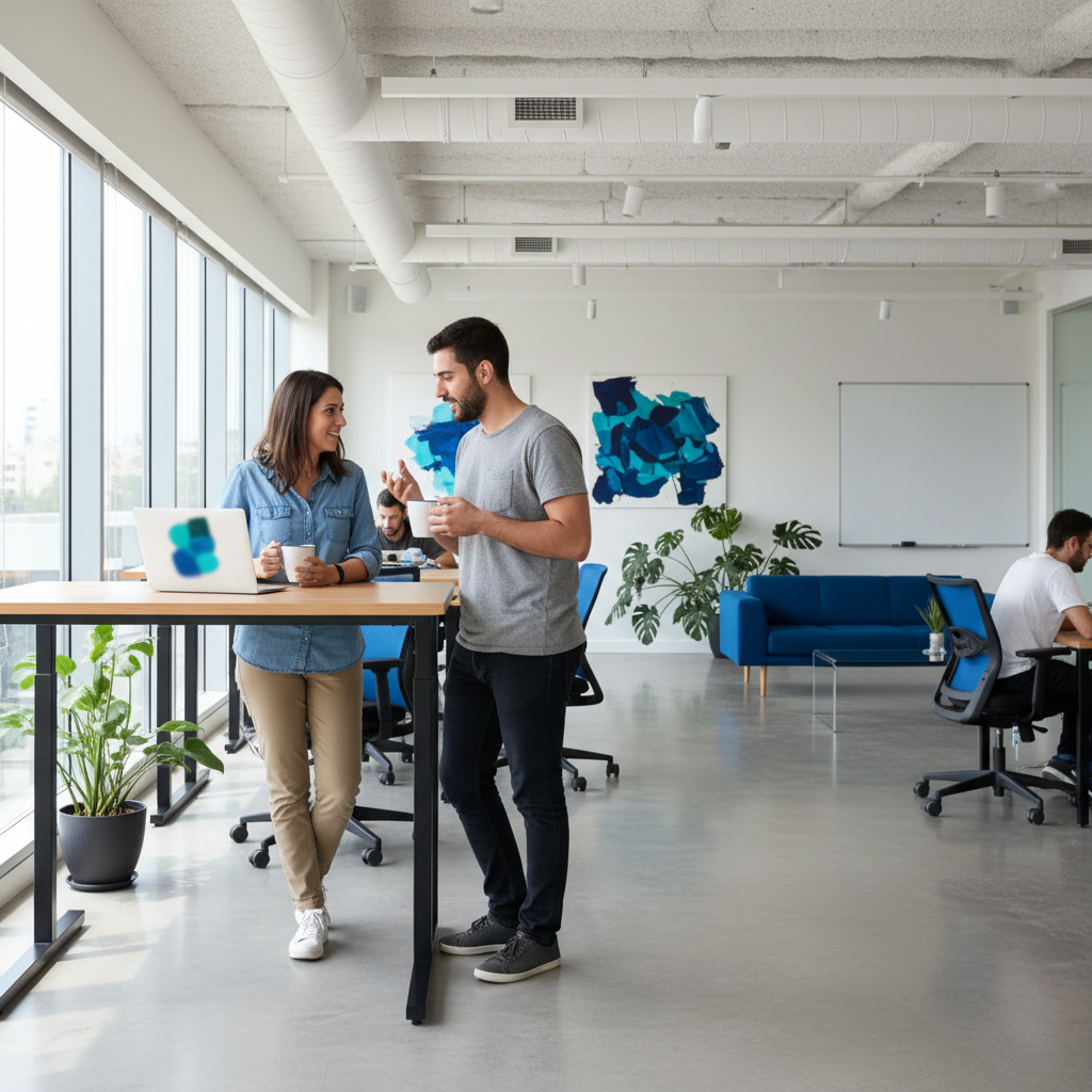 שני מפתחים ישראלים צעירים דנים סביב מחשב נייד במשרד טכנולוגי מודרני בתל אביב, המדגיש את השימוש ב-ai לכתיבת קוד למתחילים 2026 בסביבה שיתופית.