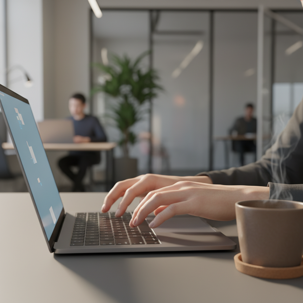 צילום תקריב של ידיים מקלידות על מקלדת מחשב נייד, הממחיש את היישום המעשי של ai לכתיבת קוד למתחילים 2026 בסביבת עבודה מודרנית ונקייה.
