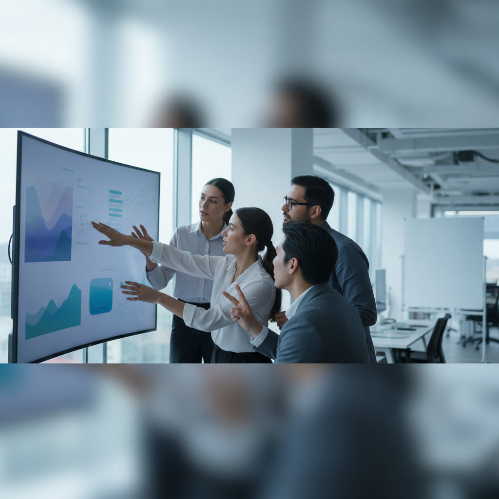 A B2B SaaS growth marketing team collaborates in a modern office, hands gesturing over a blurred screen, illustrating the seo topical authority roadmap for b2b saas 2026.