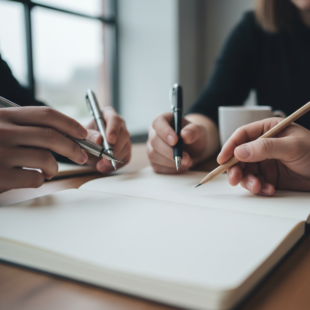 Close-up of hands with pens over blank paper, symbolizing strategic planning for an seo topical authority roadmap for b2b saas 2026.