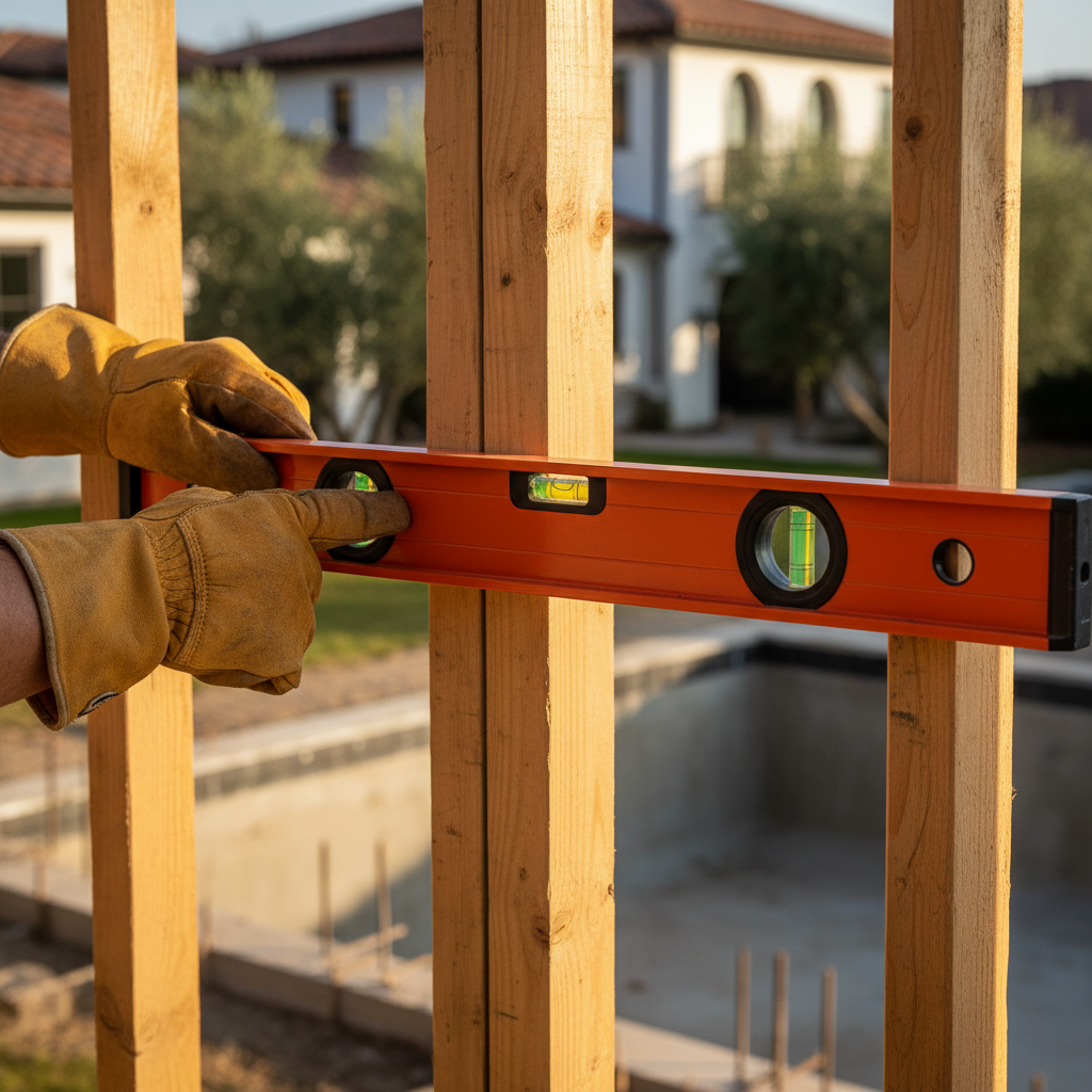 A close-up of a contractor's hands leveling a wall, a key step in ADU construction, relevant to the ADU Permit and HOA Guide for Fontana.