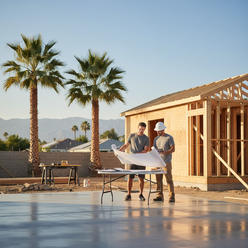Homeowner and contractor reviewing ADU permit plans in an Ontario, CA backyard, illustrating the ADU Permit and HOA Guide for Ontario.