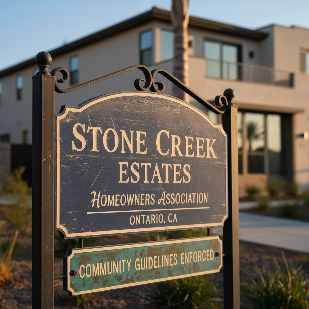 Close-up of an HOA community sign in Ontario, CA, representing how HOAs impact ADU projects, a key part of the ADU Permit and HOA Guide for Ontario.