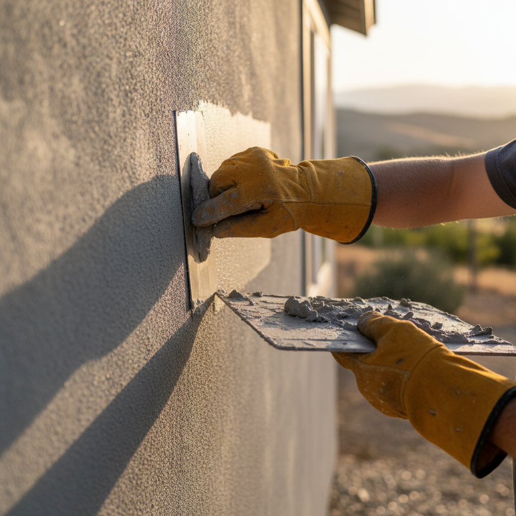 Close-up of a construction worker's hands applying stucco to an ADU exterior, reflecting the hands-on process of building an ADU in Thousand Oaks, relevant to the ADU Permit and HO
