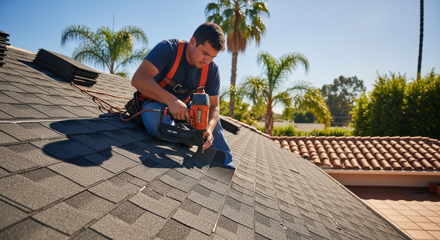 Roofing crew installing asphalt shingles on an Anaheim home, demonstrating <a href=
