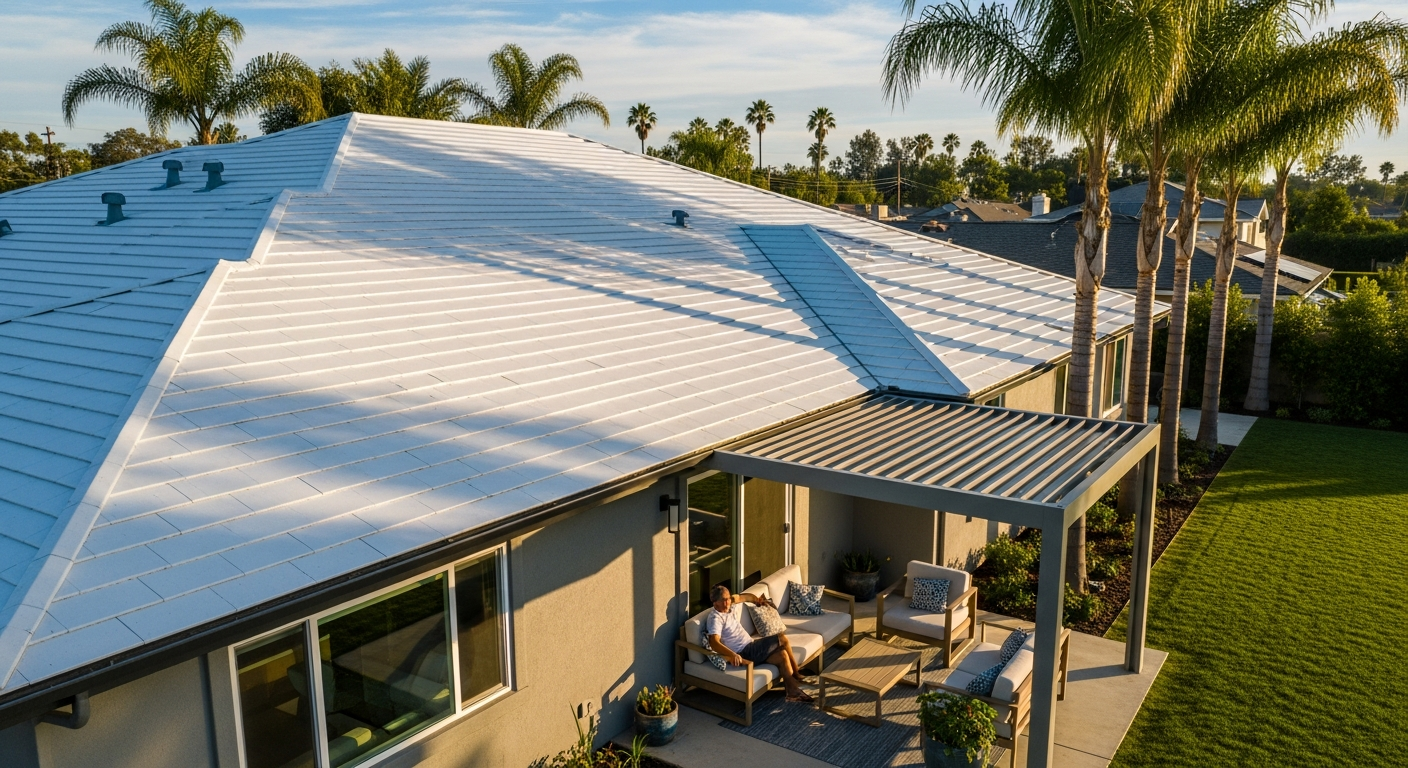 Newly installed cool roof on a contemporary Anaheim home, showcasing durable roofing and climate considerations.