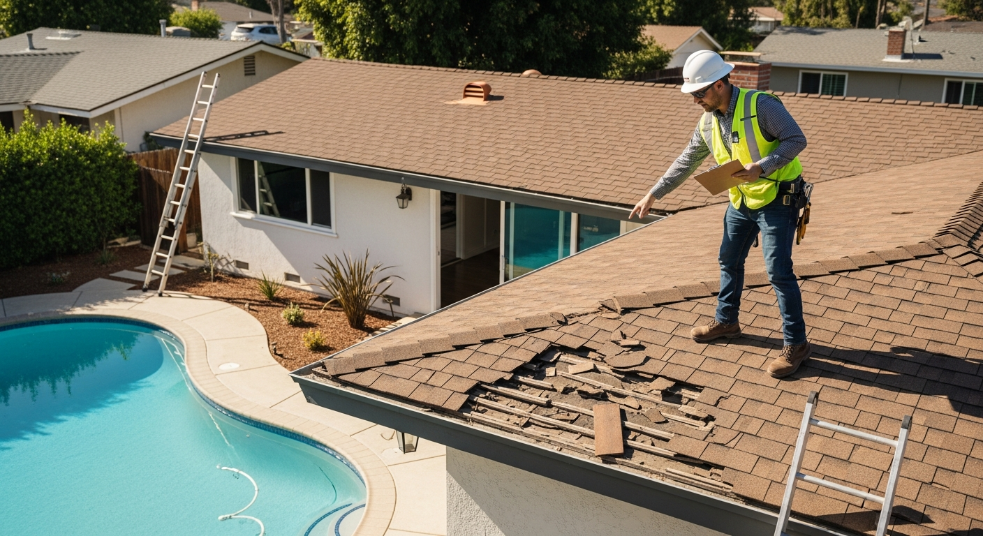Roofing inspector examining damaged clay tiles on an Anaheim home, highlighting roofing and climate considerations.