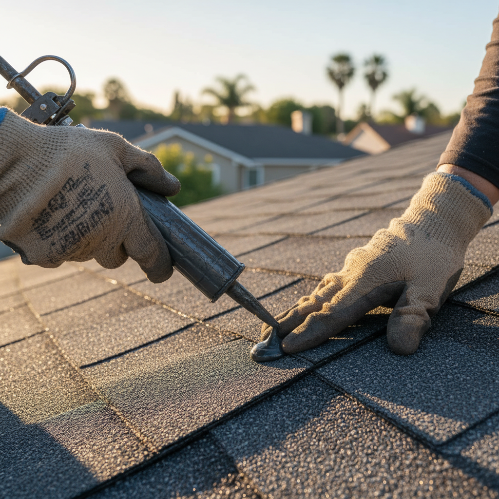 Close-up of a roofer's hands applying sealant to an asphalt shingle, demonstrating attention to detail for roofing and climate considerations in Arcadia.