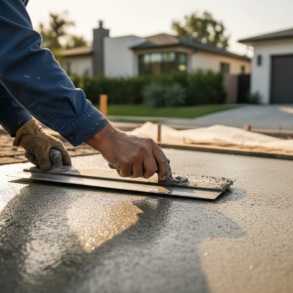 A worker's hands smooth concrete for an ADU driveway, a common step for those navigating the ADU Permit and HOA Guide for Burbank.