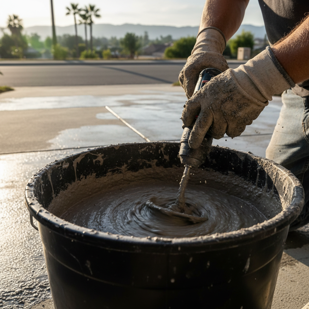 Close-up of a contractor's hands mixing concrete resurfacing material, a key factor influencing concrete resurfacing cost in Northridge. This image highlights the materials and cra