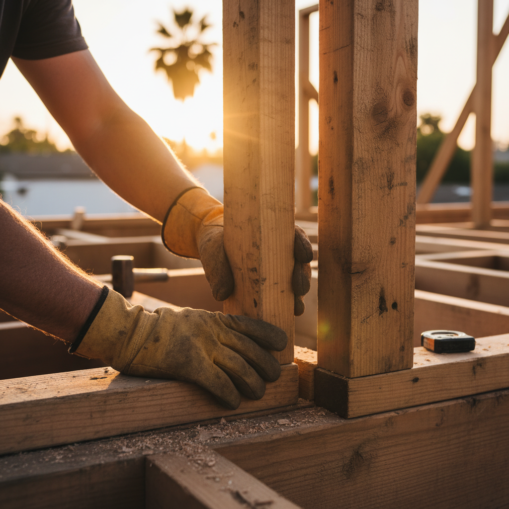 Close-up of a construction worker's hands aligning a wooden beam for an ADU, a key step in the ADU Permit and HOA Guide for Culver City.