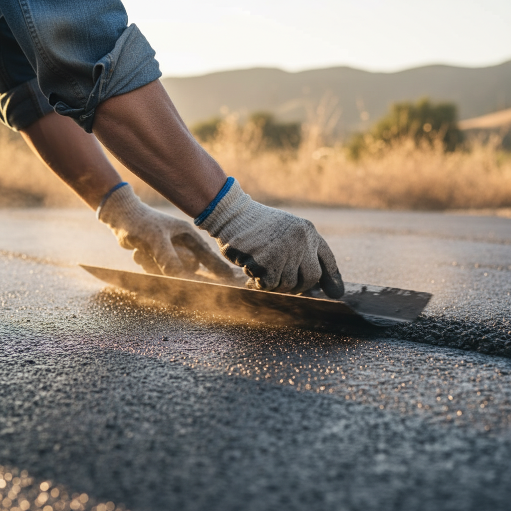 A contractor's hands smoothing fresh asphalt, illustrating the detailed work involved in Driveway Replacement ROI and Home Value Impact in Chino Hills.