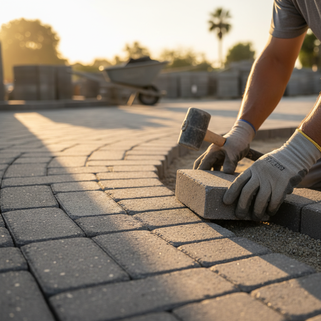 Close-up of a worker's hands installing pavers for a driveway, emphasizing the materials and craftsmanship contributing to Driveway Replacement ROI and Home Value Impact in Torranc