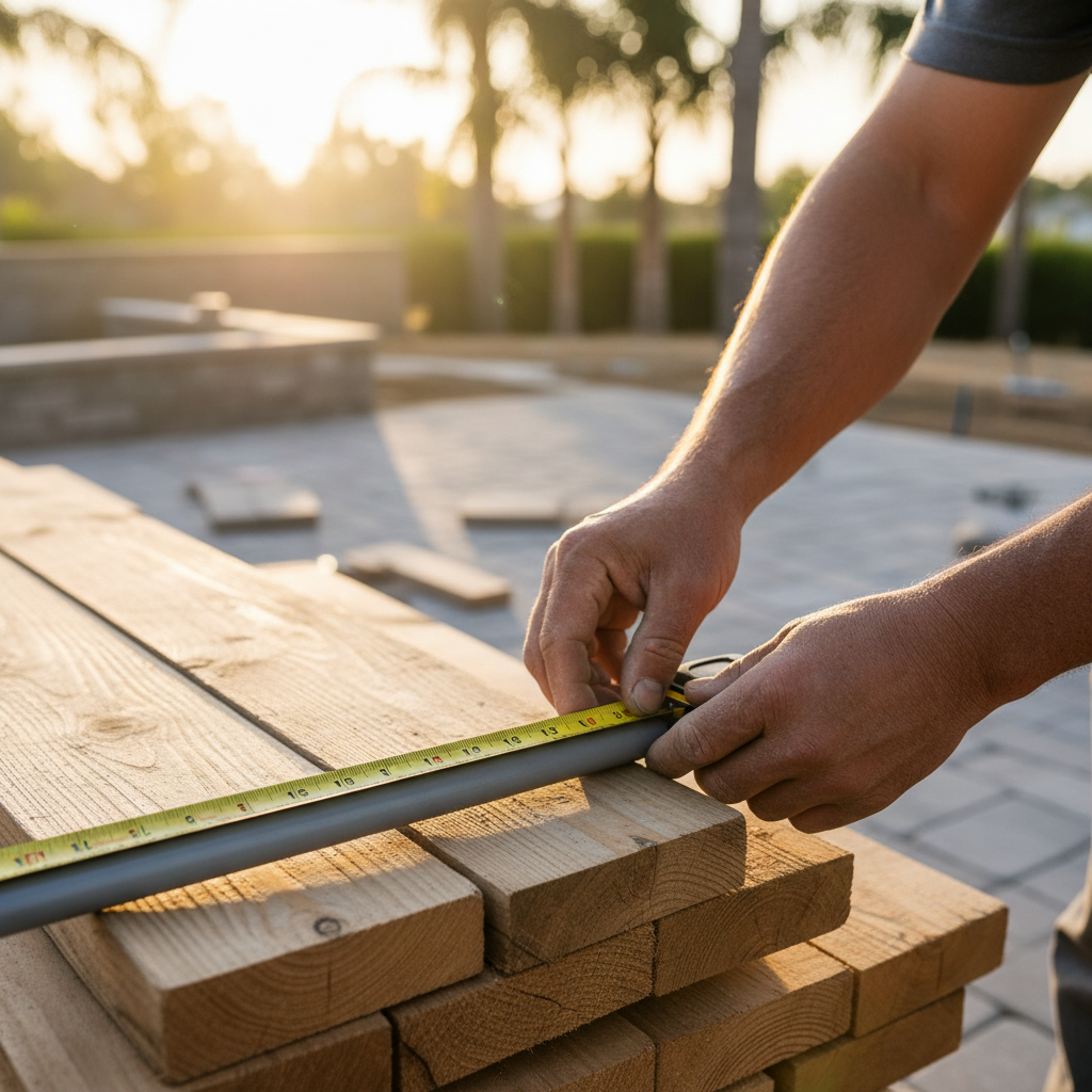 Close-up of a contractor's hands measuring conduit, a common scene when navigating the ADU Permit and HOA Guide for Encino.