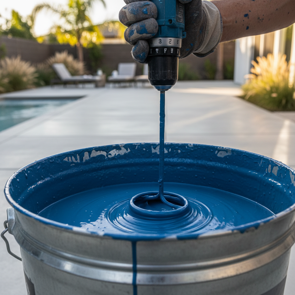 Close-up of a hand mixing high-quality exterior paint, illustrating the material choices for exterior painting and climate considerations in Pasadena, with a modern backyard visibl