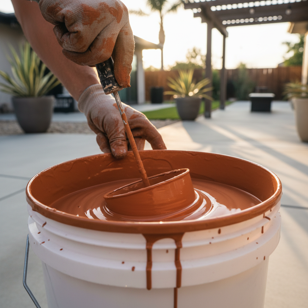 A close-up of a contractor's hands mixing paint, highlighting the quality materials used for exterior painting and climate considerations in Pomona.