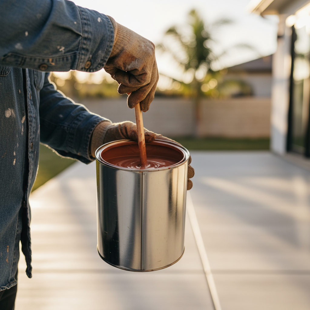 A close-up of a contractor mixing low-VOC exterior paint, emphasizing material choices for exterior painting and climate considerations in West Covina's unique environment.