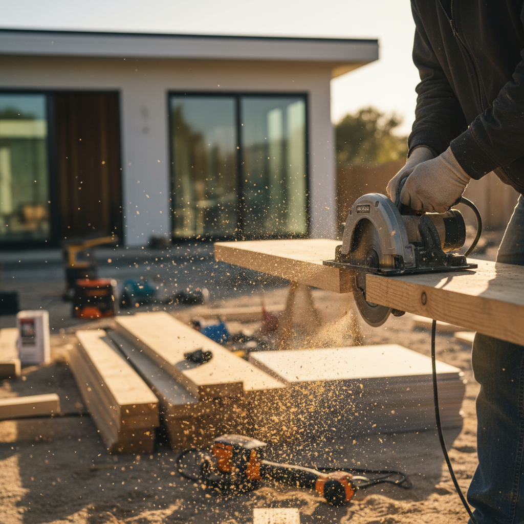 A construction worker's hands cutting lumber for a garage conversion in Orange, CA, highlighting the hands-on work involved in a permitted garage conversion project.