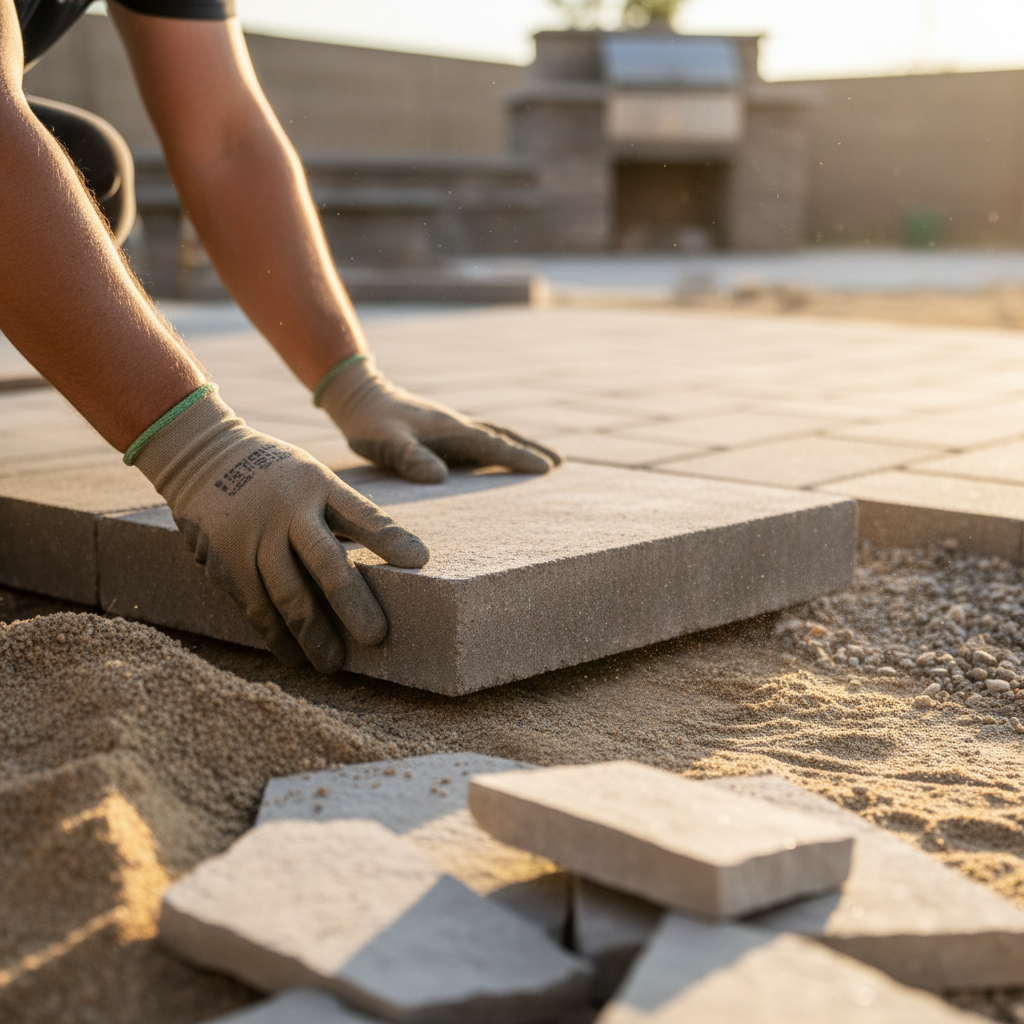 A close-up of a contractor's hands installing pavers for a new patio, illustrating the detailed work involved in backyard landscaping before and after ideas in Glendale.