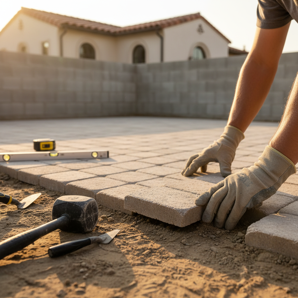 Contractor's hands installing hardscape pavers for a new ADU patio, demonstrating physical construction aspects relevant to the ADU permit and HOA guide for Long Beach.
