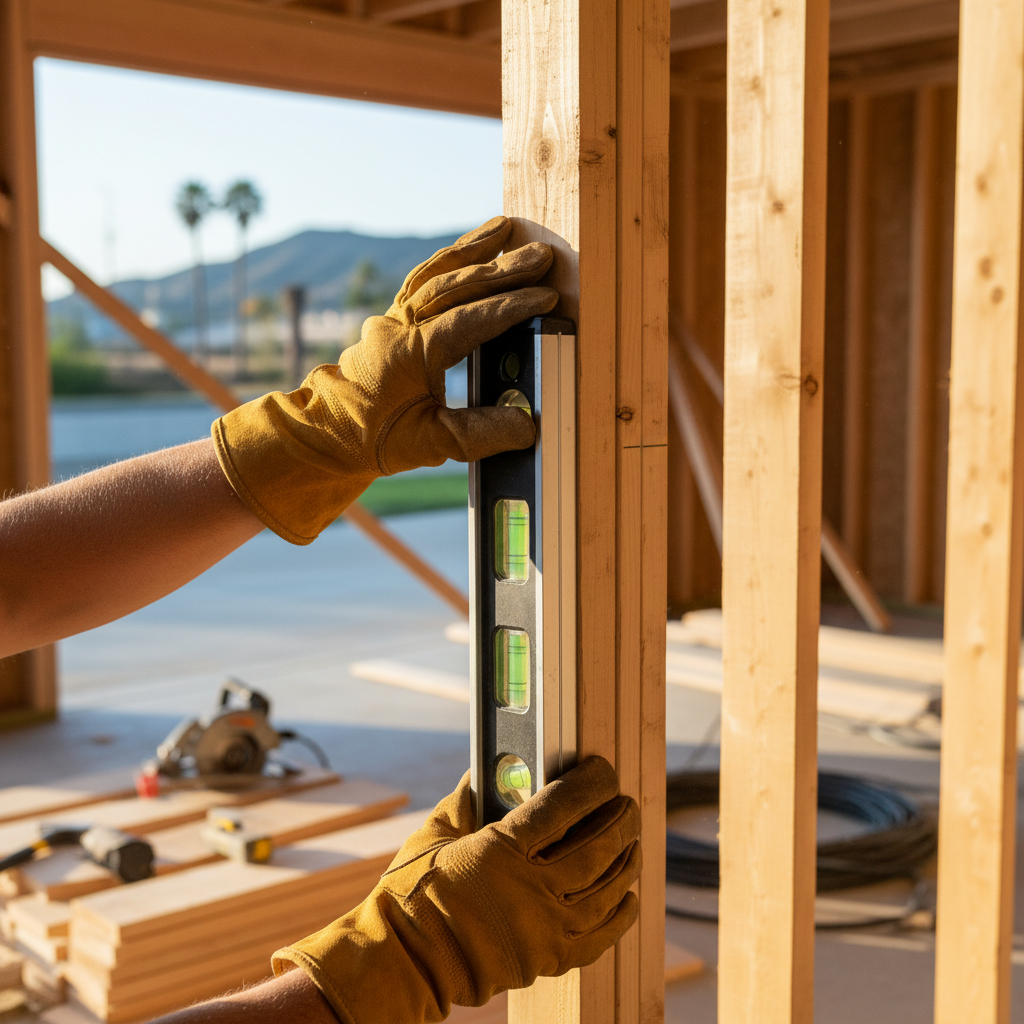 Close-up of a contractor's hands leveling new wooden studs during a garage conversion, a key step in navigating the Garage Conversion Permit and HOA Guide for Northridge.