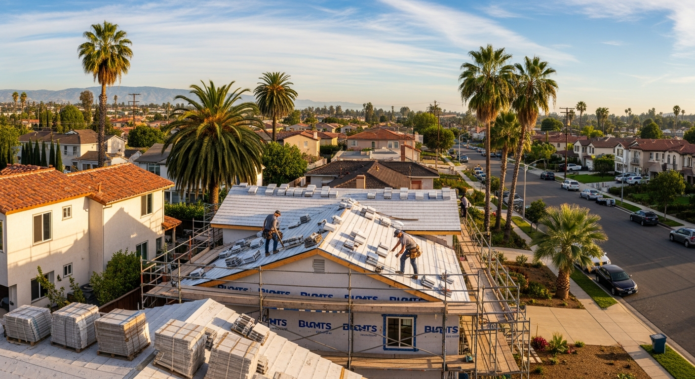 Roofers installing new energy-efficient roofing on a Northridge home, illustrating local budgeting and climate considerations for 2026.