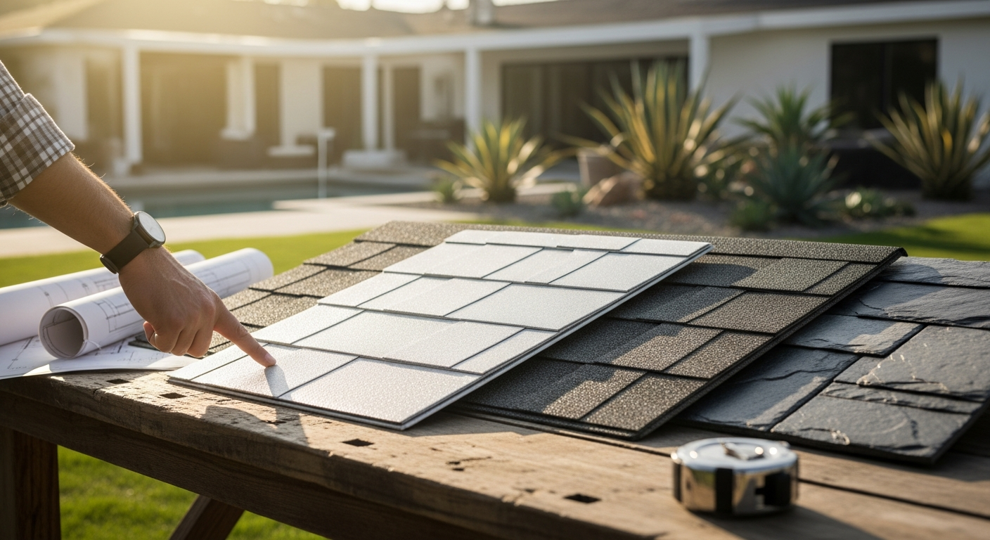 Roofing material samples including cool roof shingles and synthetic slate, demonstrating climate considerations for Northridge homes.