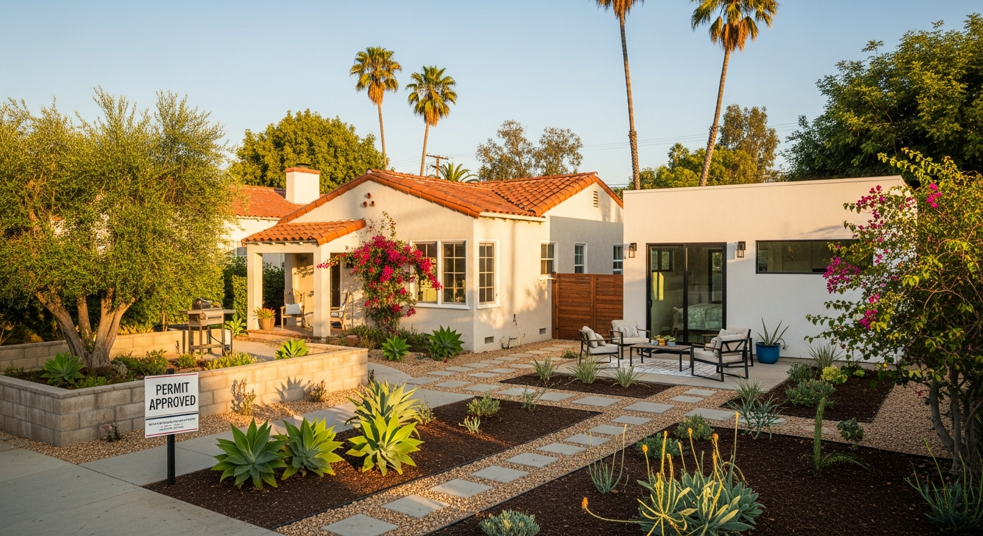 Newly built ADU in a backyard of an Orange, CA home, illustrating ADU permit approval and backyard living