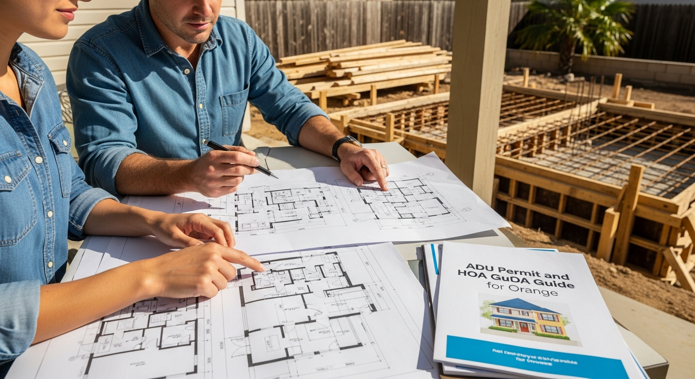 Architect and homeowner reviewing ADU blueprints in Orange, CA, for an <a href=
