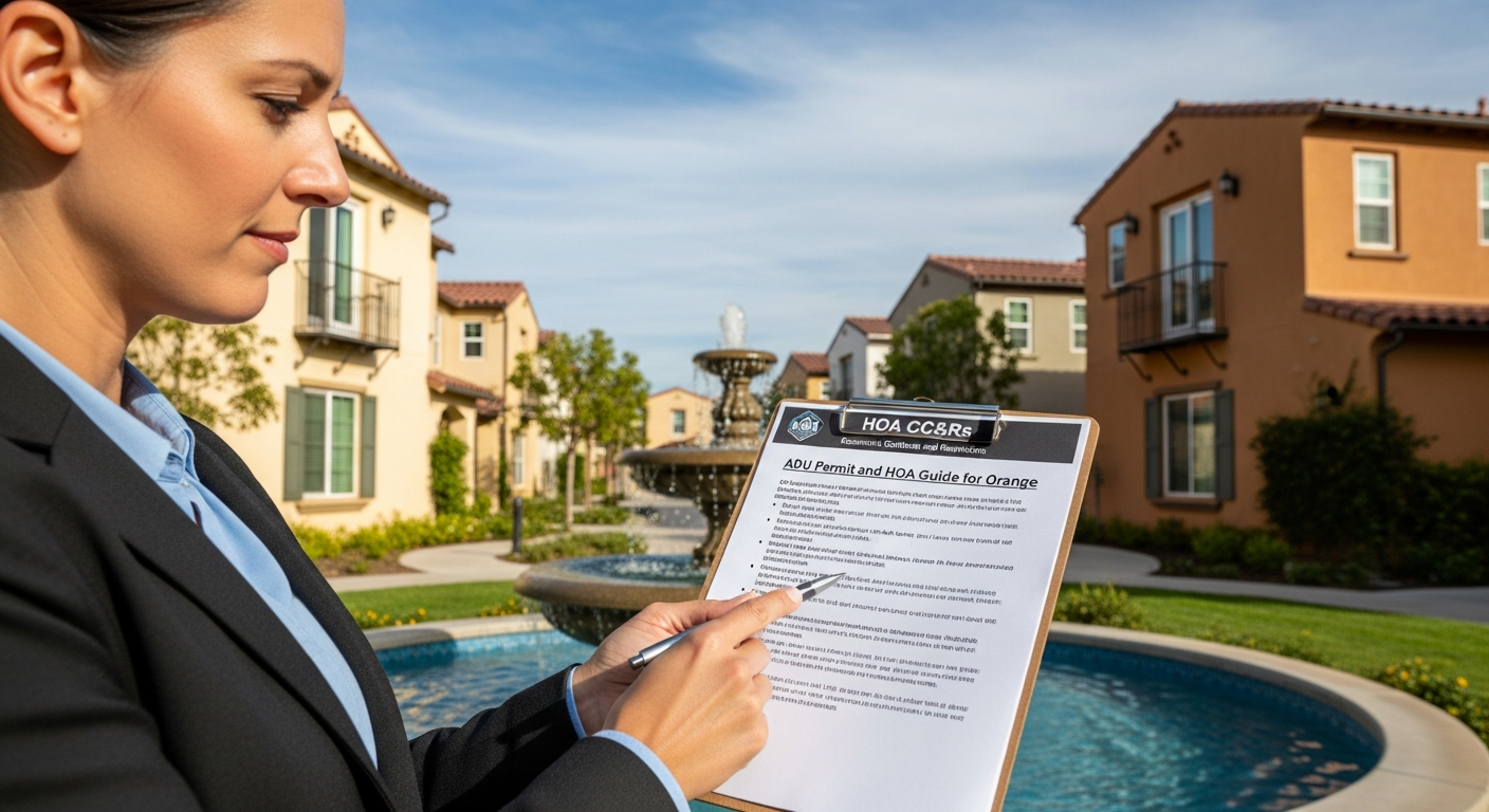 HOA representative discussing CC&Rs for an ADU in an Orange, CA community, relevant to ADU permit and HOA guide