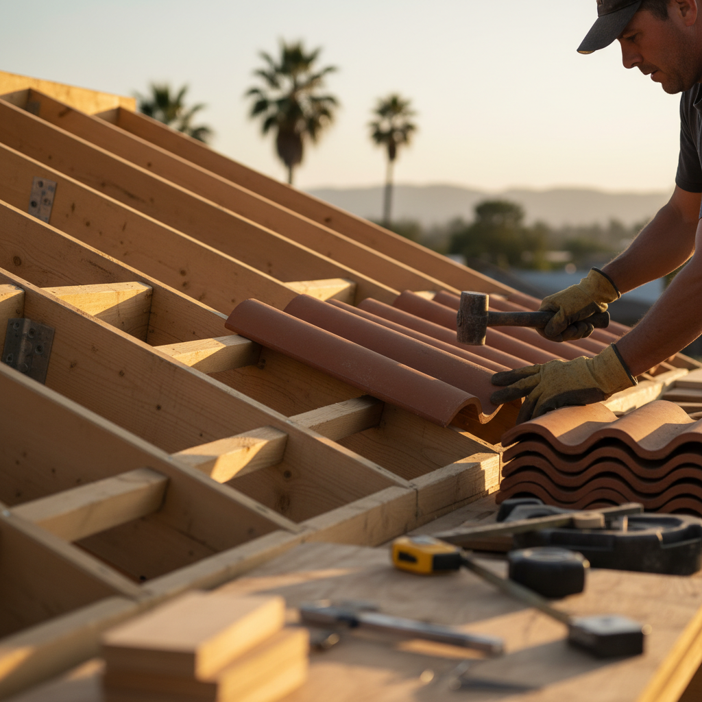 Close-up of a worker's hands installing roof tiles on an ADU, representing the physical construction details covered in the ADU Permit and HOA Guide for Pasadena.