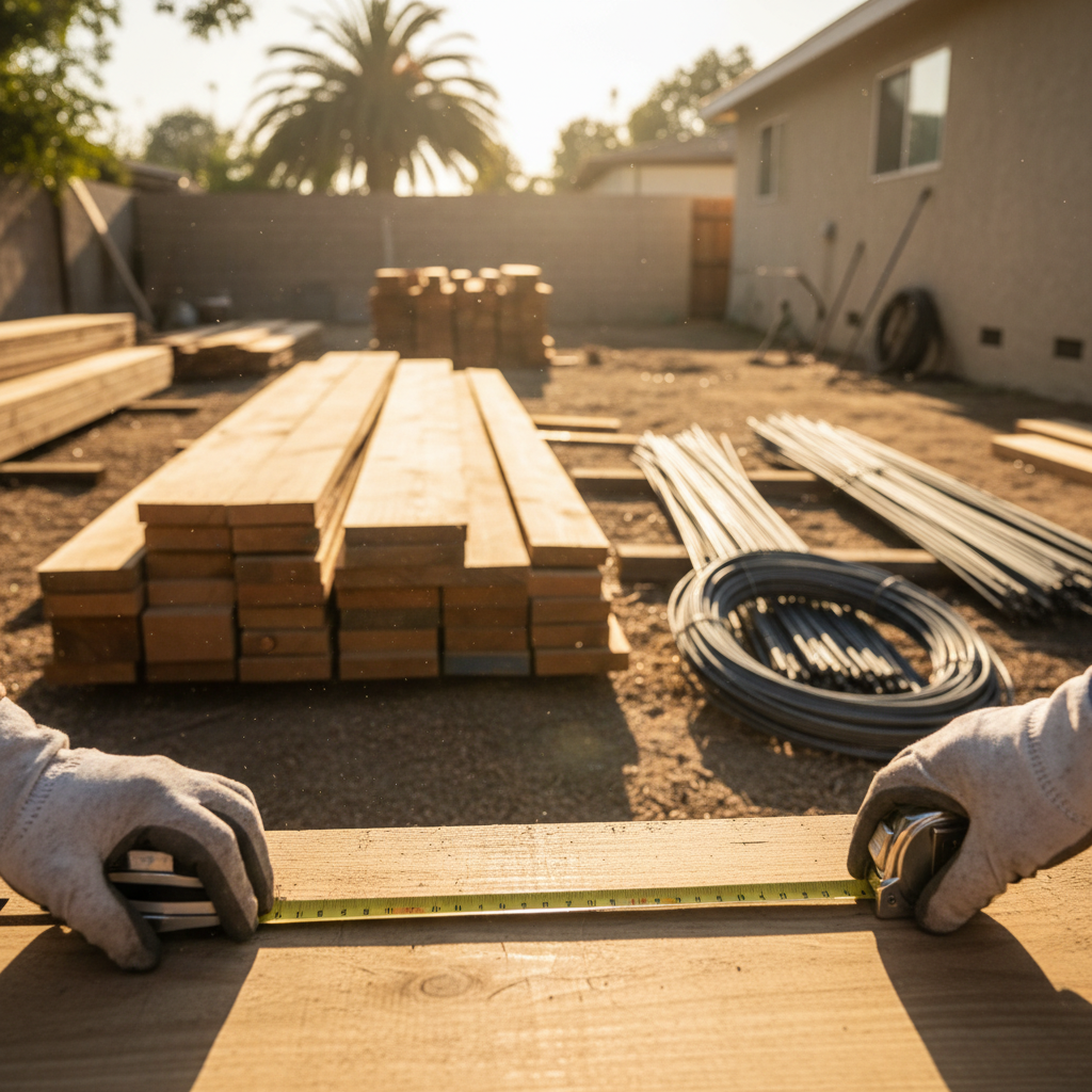 Construction materials like lumber and rebar in a Pasadena backyard, ready for a garage conversion. This image highlights the physical aspects of navigating the garage conversion p