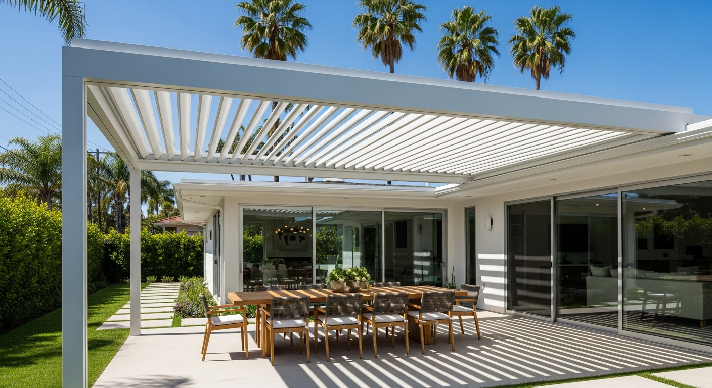 Modern aluminum louvered pergola over outdoor dining area in Los Angeles backyard