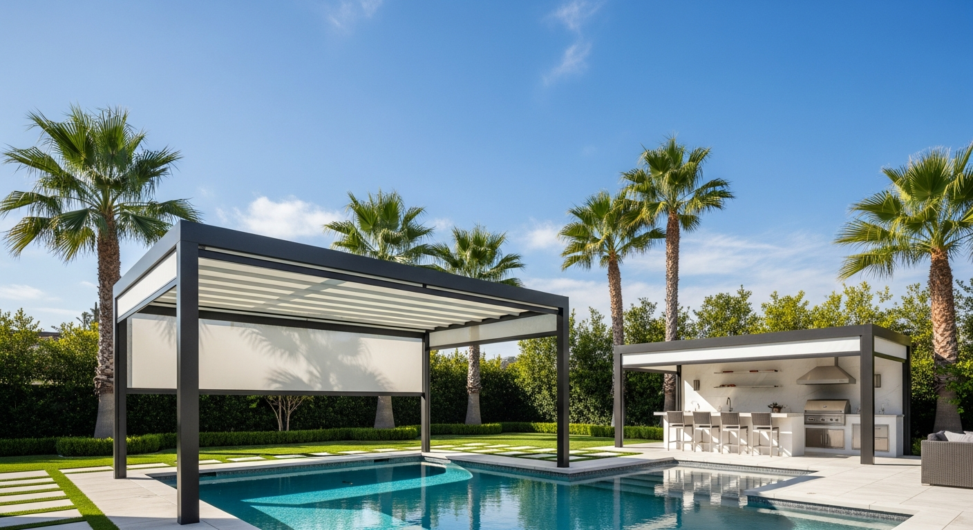 Luxury pergola with retractable canopy over pool area in Beverly Hills Los Angeles