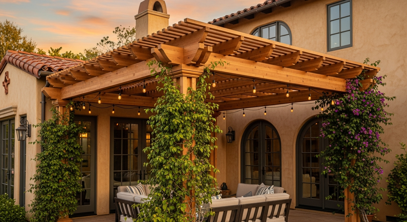 Natural wood cedar pergola with climbing vines on a Pasadena California home