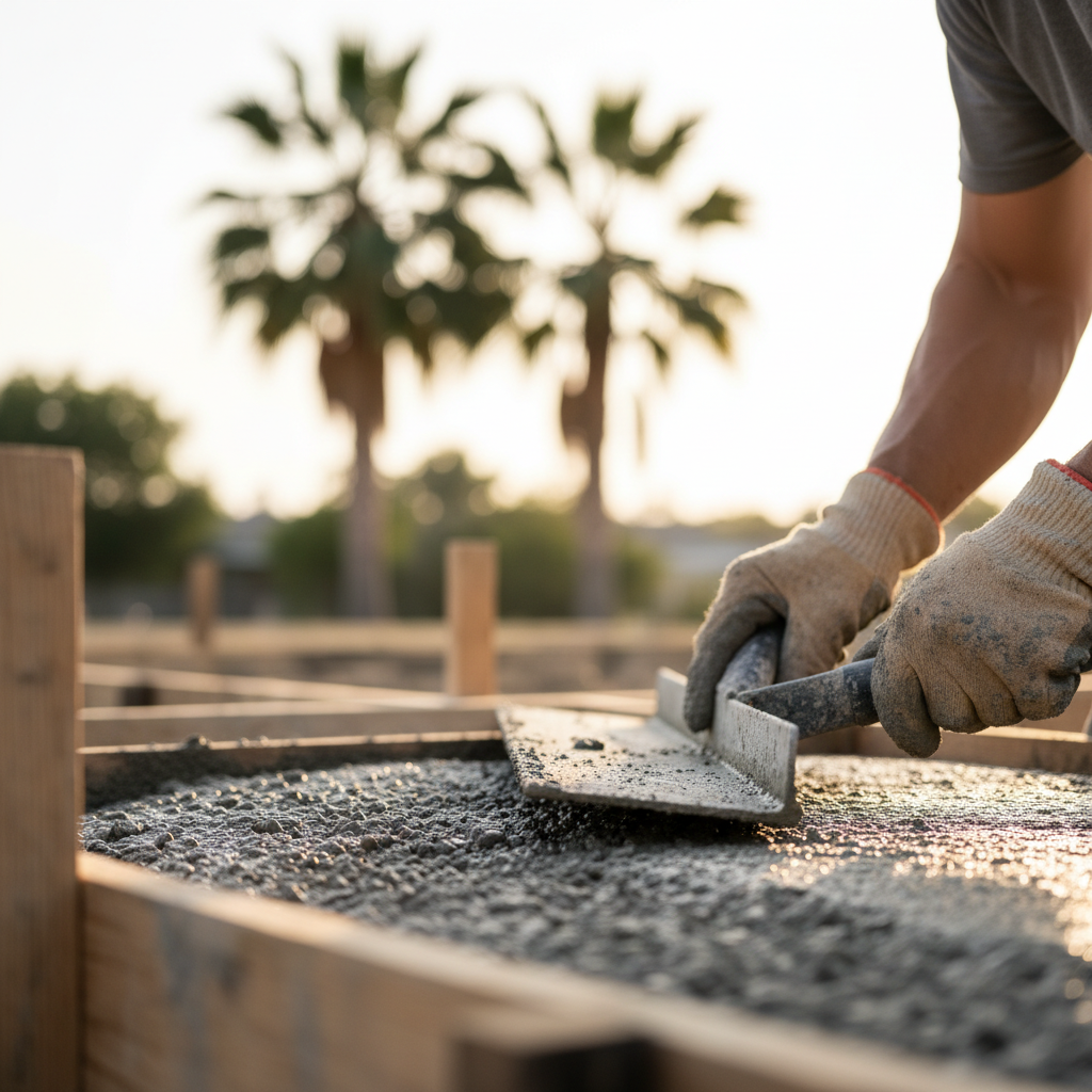 Close-up of a construction worker's hands leveling concrete for an ADU foundation in Riverside, illustrating the practical steps of an ADU Permit and HOA Guide for Riverside. The i